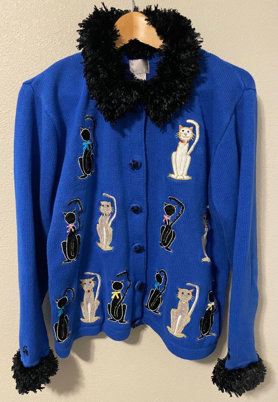 Vintage Berek Cardigan Sweater Womens XL Blue Cat Embroidered Button Up Artsy